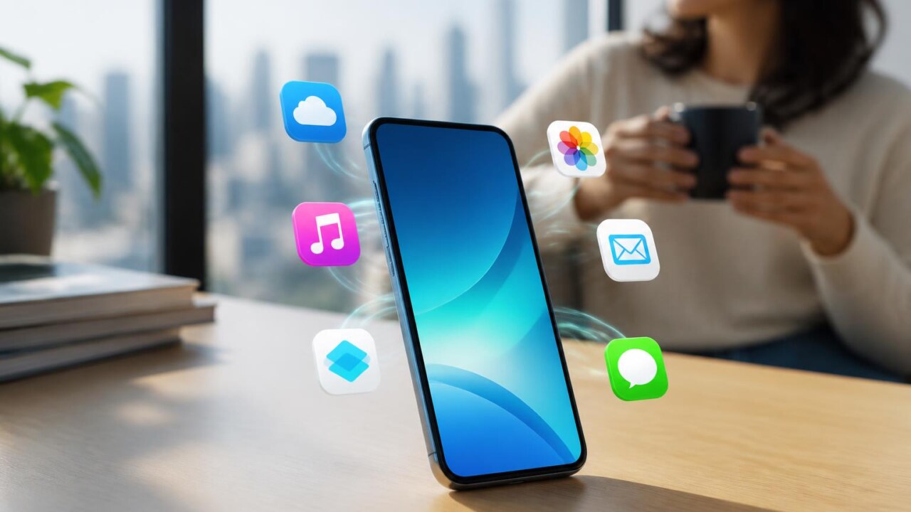 Smartphone moderno sobre mesa com ícones de aplicativos flutuando ao redor, em estilo editorial.