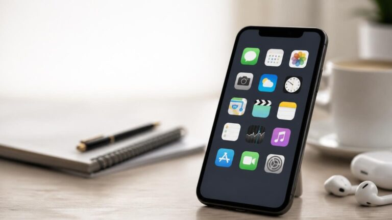 Imagem editorial de um smartphone com ícones de aplicativos dispostos sobre uma mesa moderna