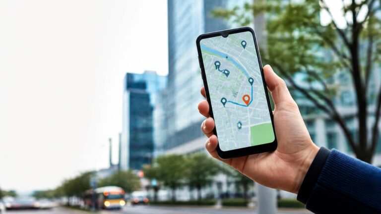 Pessoa usando smartphone com aplicativo de mapas aberto, mostrando rota e pontos de interesse.