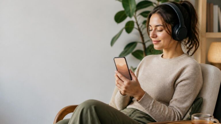 Pessoa relaxando com fones de ouvido e smartphone exibindo um app de meditação em cenário minimalista.