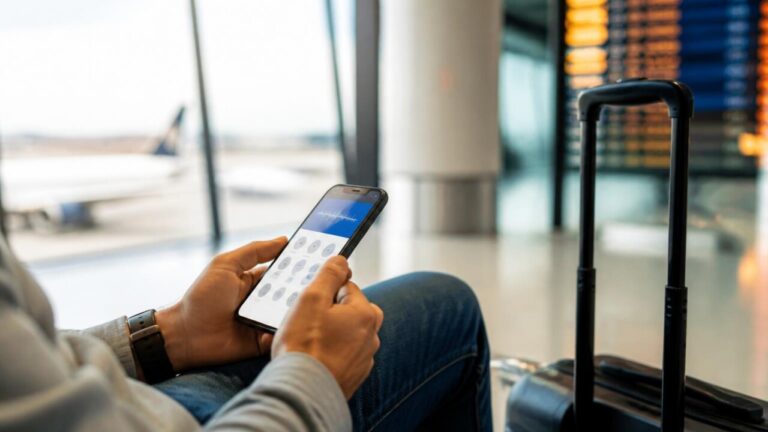 Smartphone exibindo tradução em tela, turista consultando o celular em aeroporto com mala ao fundo