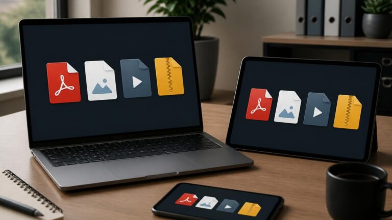 Ilustração editorial mostrando vários dispositivos com ícones de arquivos (PDF, imagem, vídeo, ZIP) em uma mesa moderna.