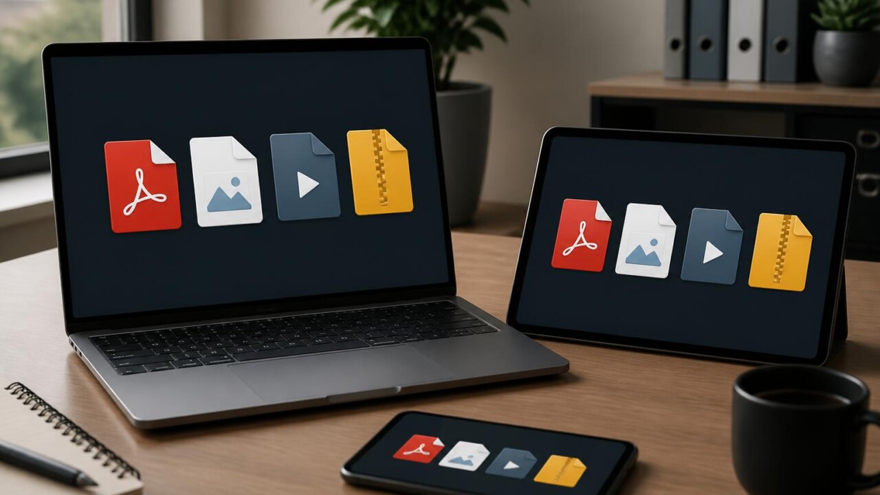 Ilustração editorial mostrando vários dispositivos com ícones de arquivos (PDF, imagem, vídeo, ZIP) em uma mesa moderna.