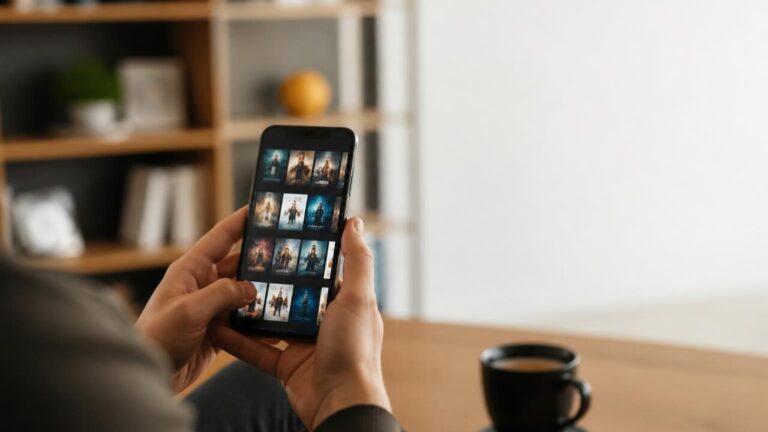 Pessoa segurando smartphone com lista de séries e filmes em ambiente moderno de convivência