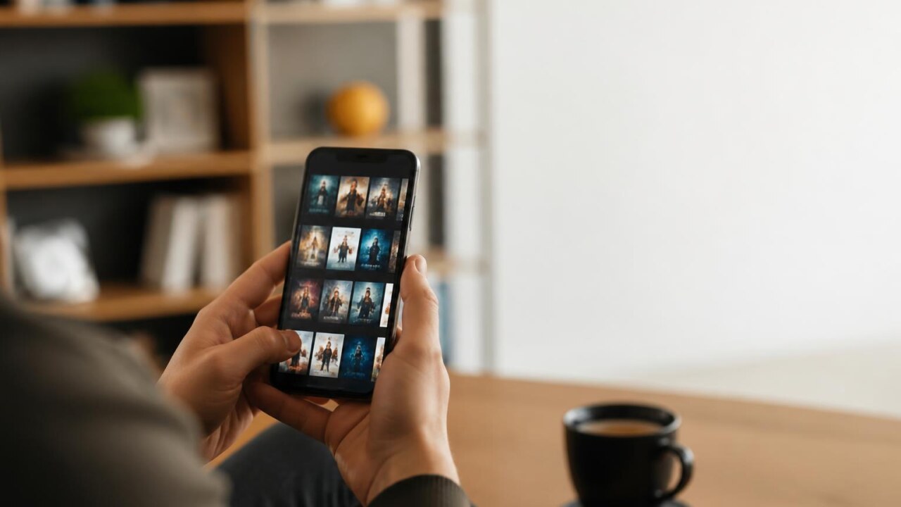 Pessoa segurando smartphone com lista de séries e filmes em ambiente moderno de convivência