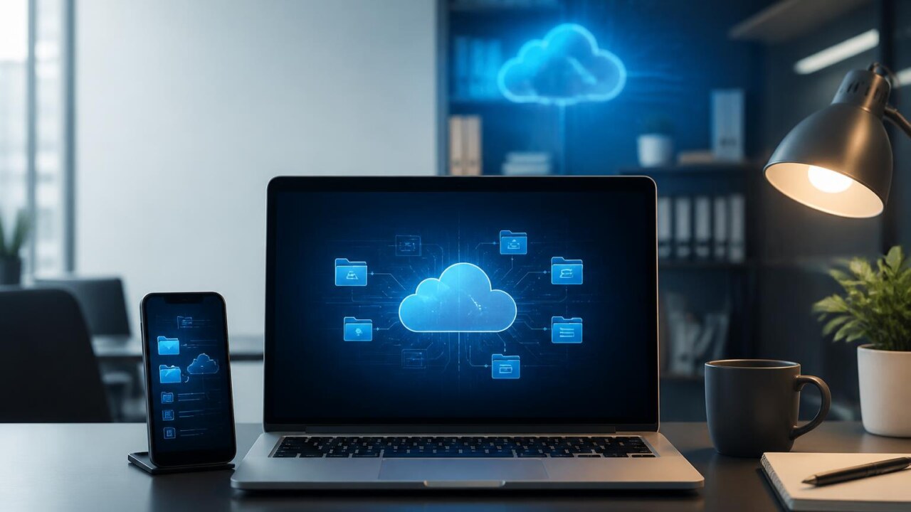 Representação moderna de serviços de nuvem: arquivos digitais flutuando entre dispositivos móveis e computadores.