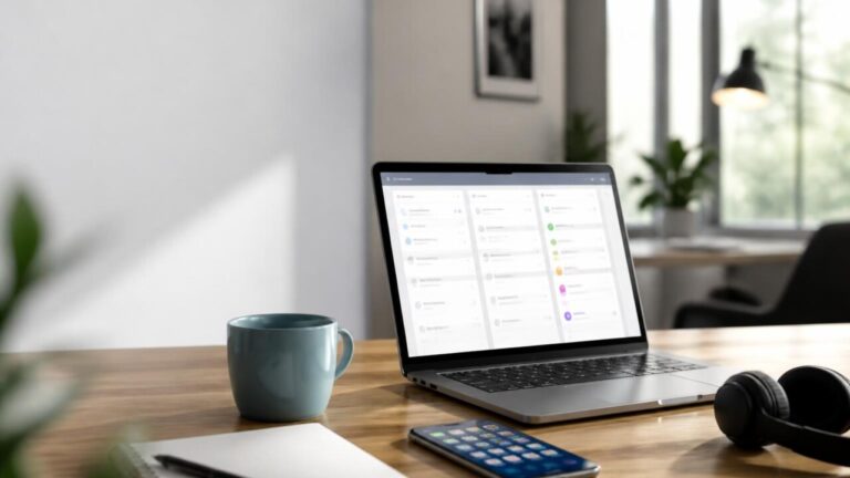 Pessoa trabalhando em laptop com smartphone ao lado exibindo aplicativos de produtividade, em ambiente de escritório moderno.