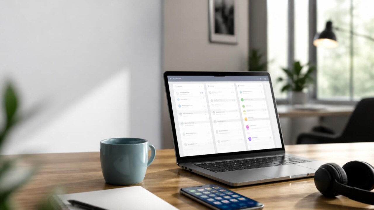 Pessoa trabalhando em laptop com smartphone ao lado exibindo aplicativos de produtividade, em ambiente de escritório moderno.