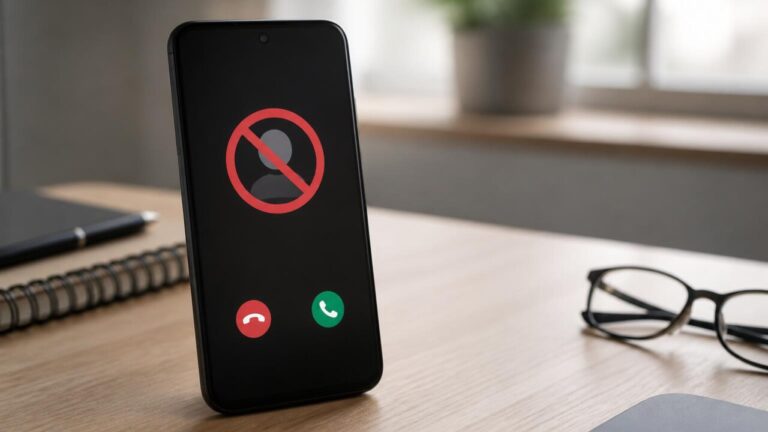 Tela de smartphone mostrando notificação de chamada bloqueada em ambiente de escritório moderno.