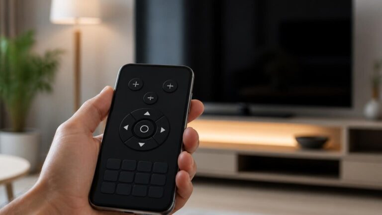 Smartphone exibindo uma interface de controle remoto ao lado de uma TV moderna em ambiente doméstico