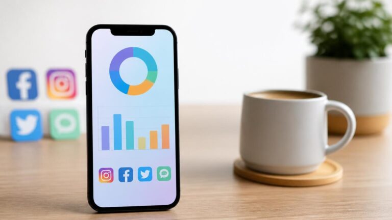 Pessoa segurando smartphone exibindo painel de controle de tempo de tela, com ícones de redes sociais ao fundo desfocado.