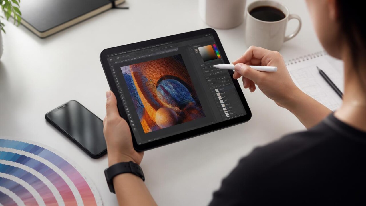 Pessoa criando uma capa digital em um tablet com elementos gráficos e paleta de cores ao redor