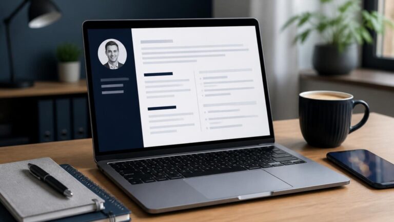 Pessoa trabalhando em currículo no laptop com smartphone ao lado, cenário moderno e profissional