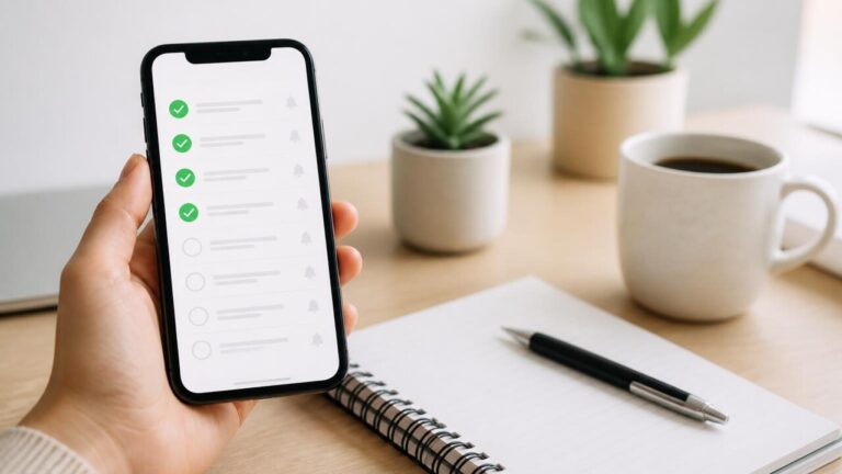 Smartphone em mesa exibindo lista de tarefas e ícones de apps de rotina