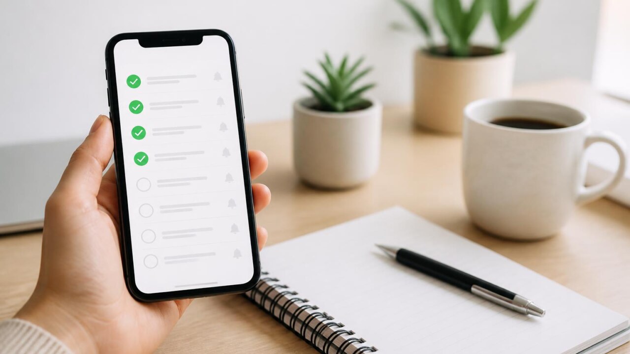 Smartphone em mesa exibindo lista de tarefas e ícones de apps de rotina