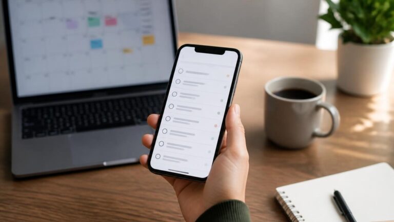 Pessoa organizando tarefas em smartphone e notebook, calendário e listas ao fundo de maneira profissional