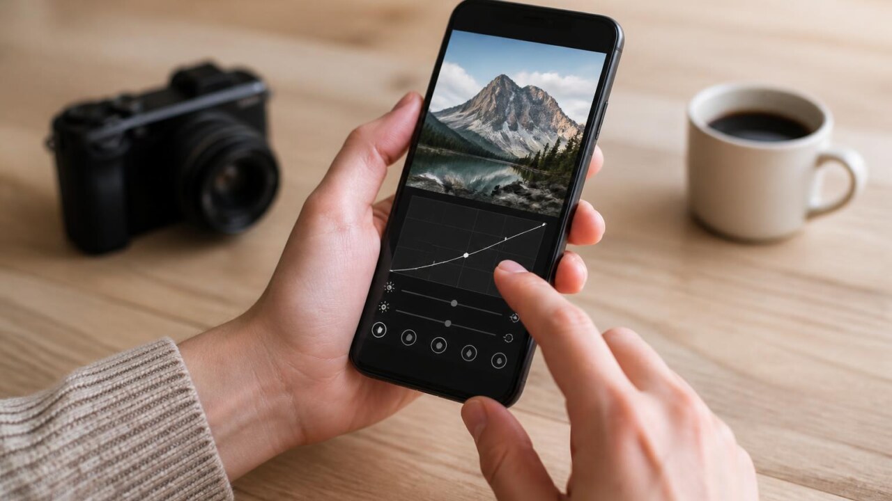 Pessoa editando foto em smartphone com interface de aplicativo de edição aberta