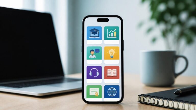 Smartphone com tela mostrando miniaturas de cursos online e ícones de aplicativos, em mesa de trabalho limpa e moderna.