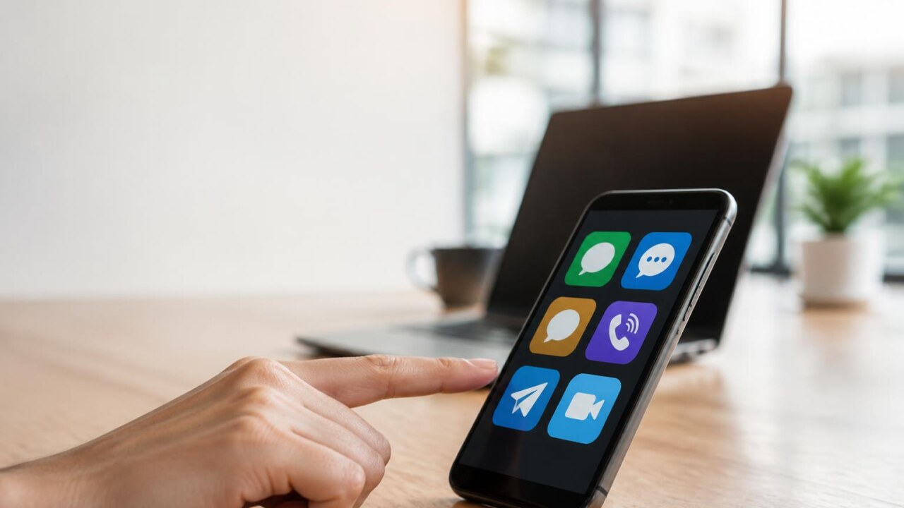 Smartphone moderno com ícones de apps de mensagens em destaque sobre mesa com fundo desfocado