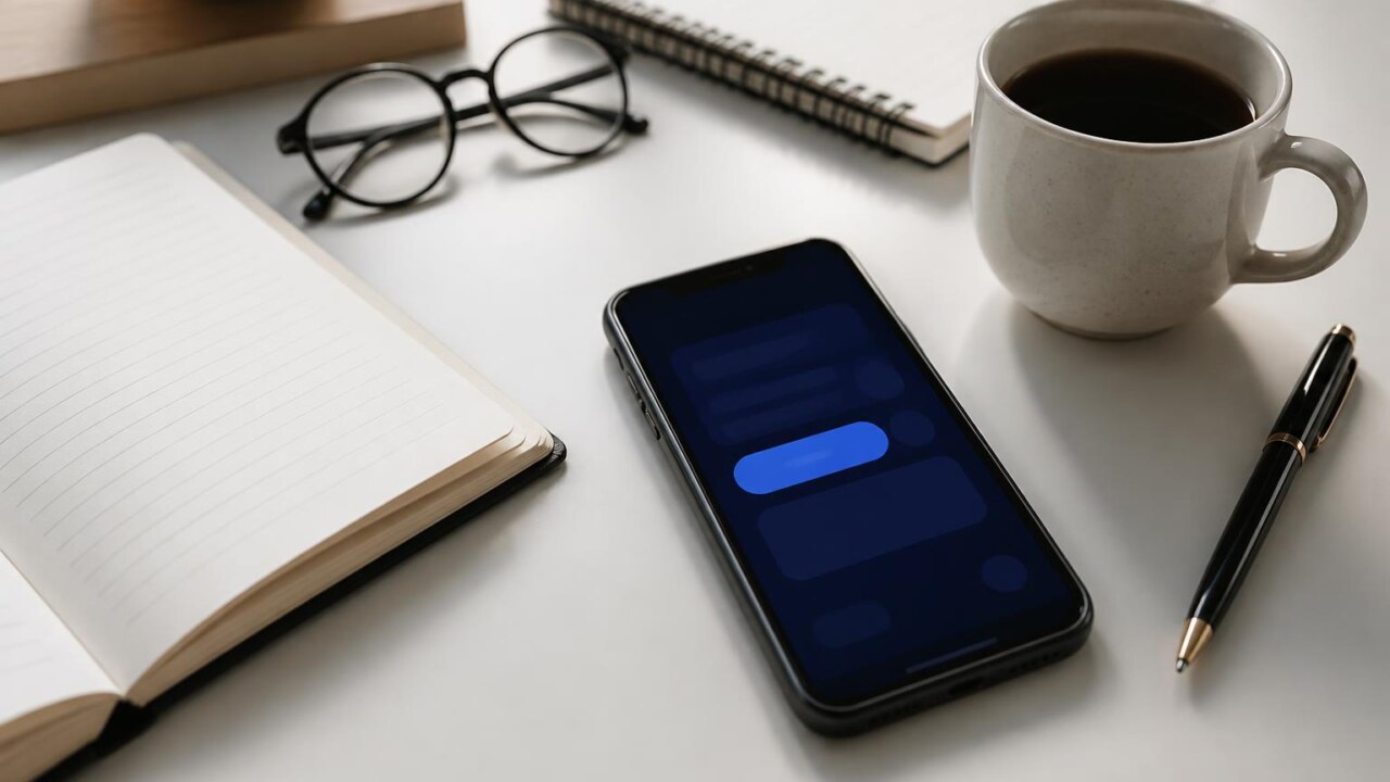 Mesa com smartphone mostrando um aplicativo de estudo, cadernos e caneta ao lado.