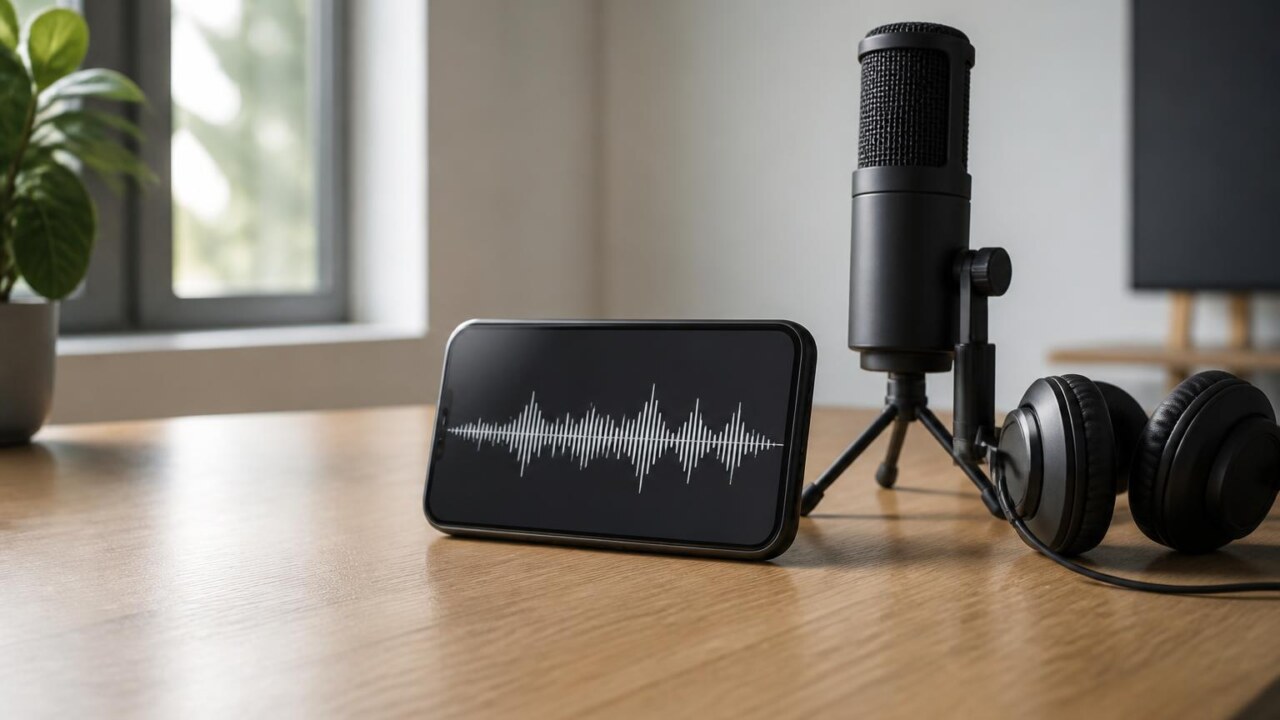 Smartphone sobre mesa com onda sonora no visor, microfone e fones ao lado, iluminado por luz natural.