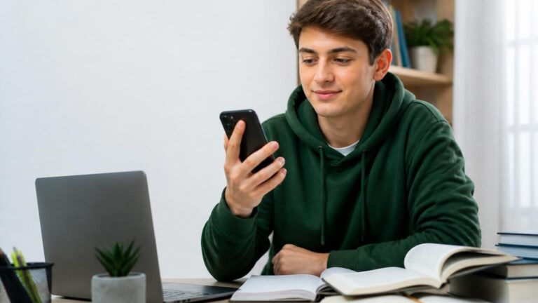 Estudante concentrado usando um aplicativo de foco no celular durante uma sessão de estudos