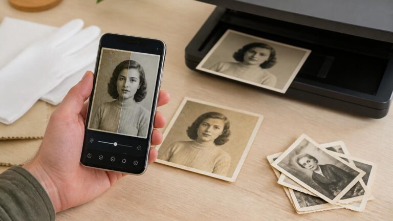 Pessoa digitalizando e restaurando uma fotografia antiga em um smartphone, com ferramentas de edição visíveis na tela.