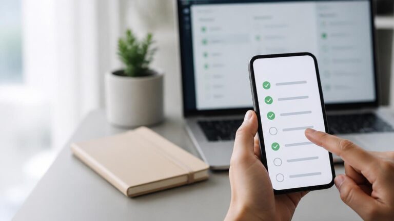 Mesa moderna com celular exibindo uma lista de tarefas e mão interagindo com a tela