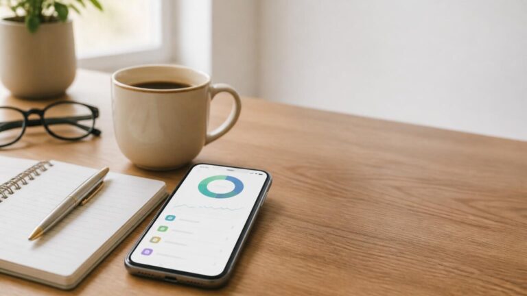 Pessoa usando aplicativo de finanças no celular com gráficos e anotações ao lado, cenário moderno e profissional.
