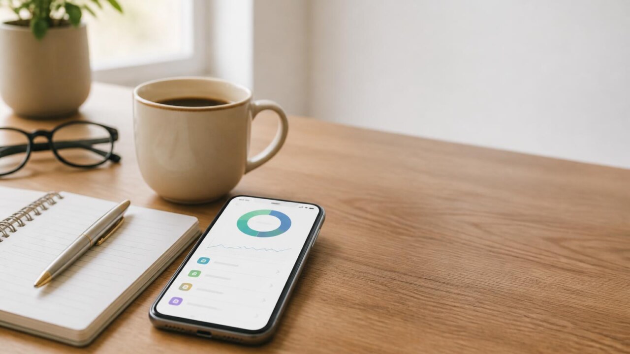 Pessoa usando aplicativo de finanças no celular com gráficos e anotações ao lado, cenário moderno e profissional.
