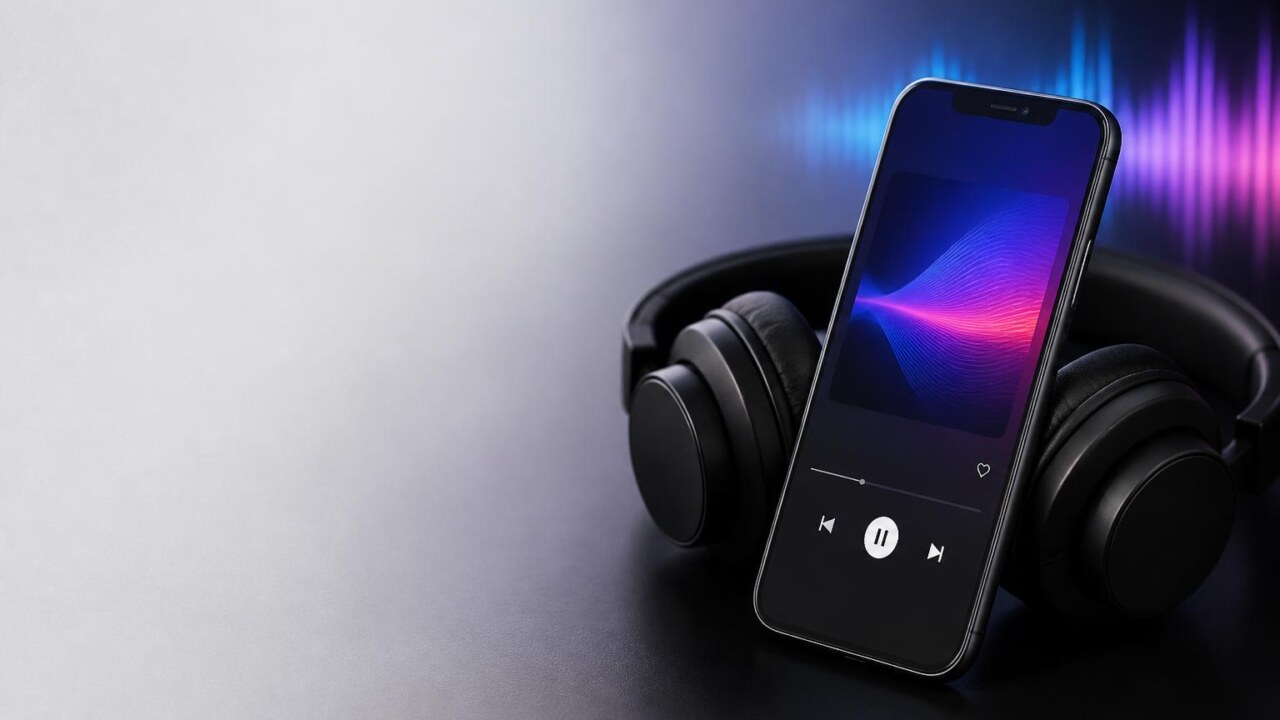 Smartphone com interface de reprodução musical ao lado de fones de ouvido sobre superfície neutra