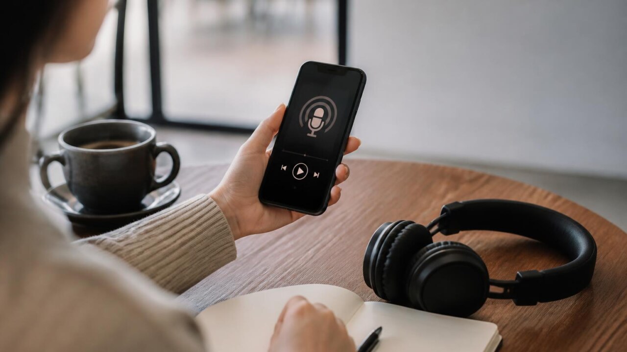Pessoa segurando um smartphone com aplicativo de podcasts aberto, fone de ouvido ao lado
