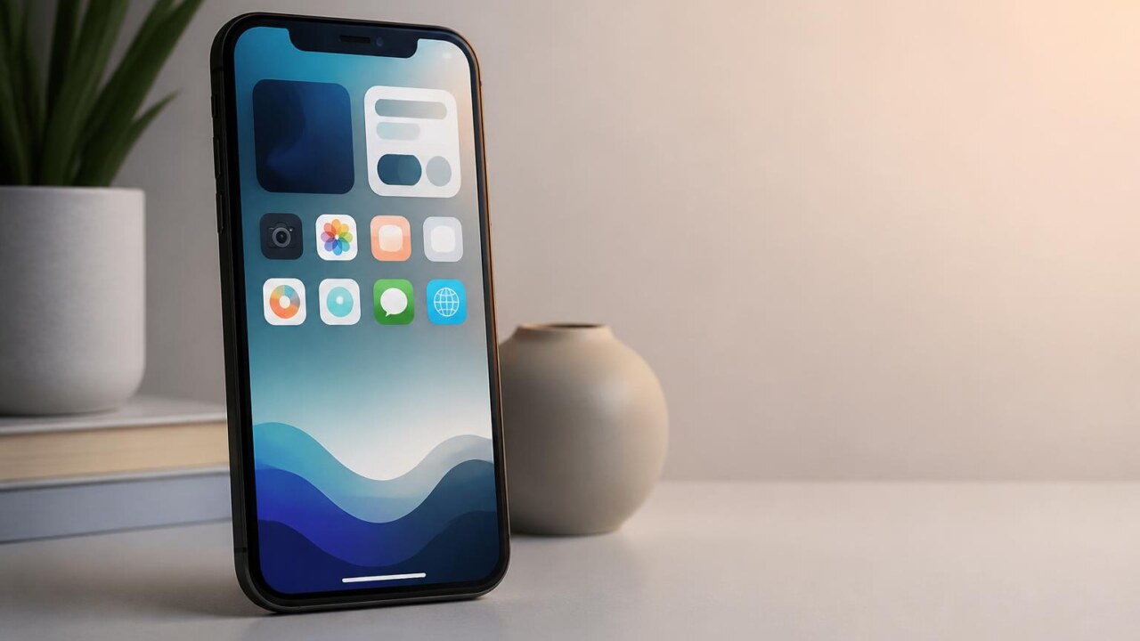 Smartphone moderno com tela personalizada mostrando widgets, ícones e papel de parede estilizado