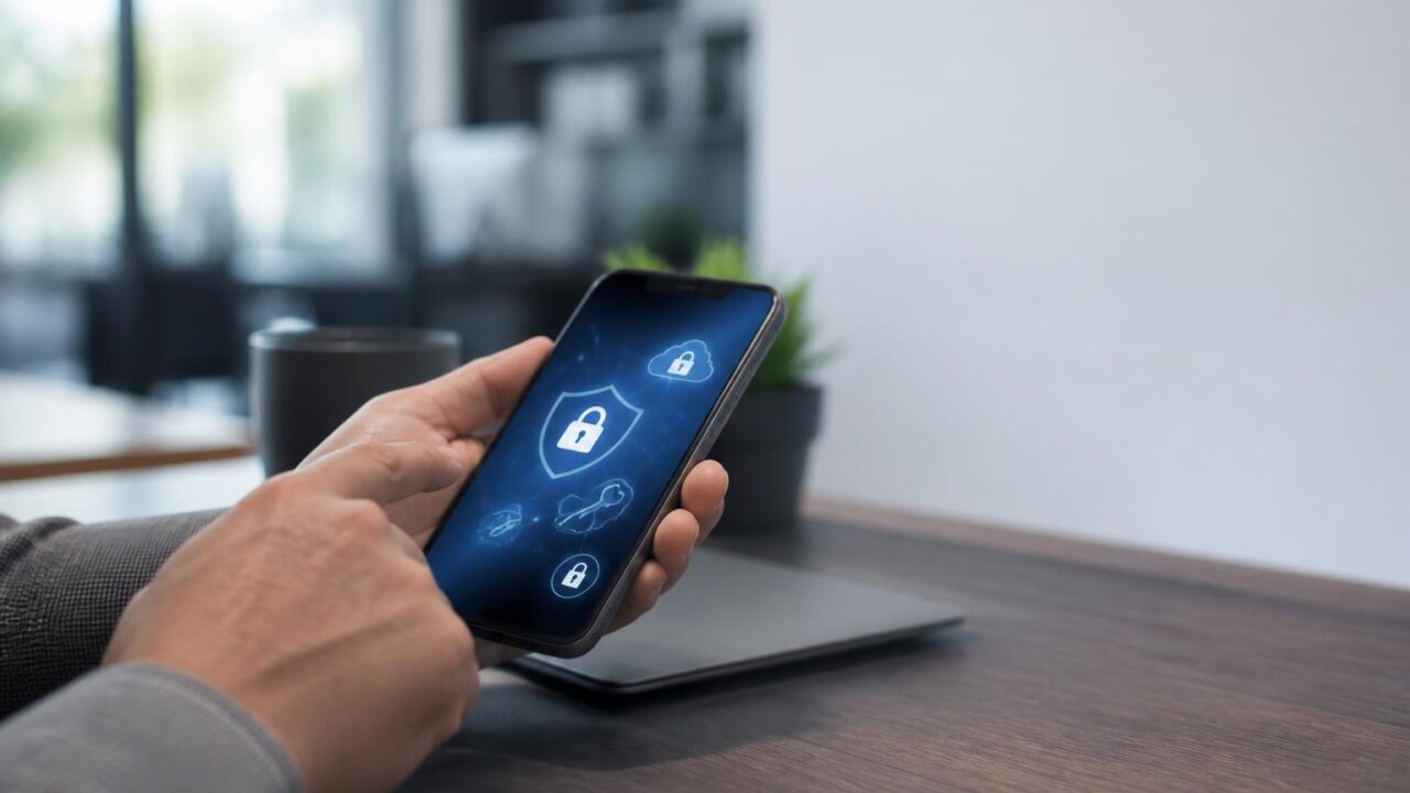 Pessoa usando smartphone com ícones de privacidade flutuando ao redor, em ambiente moderno e profissional.