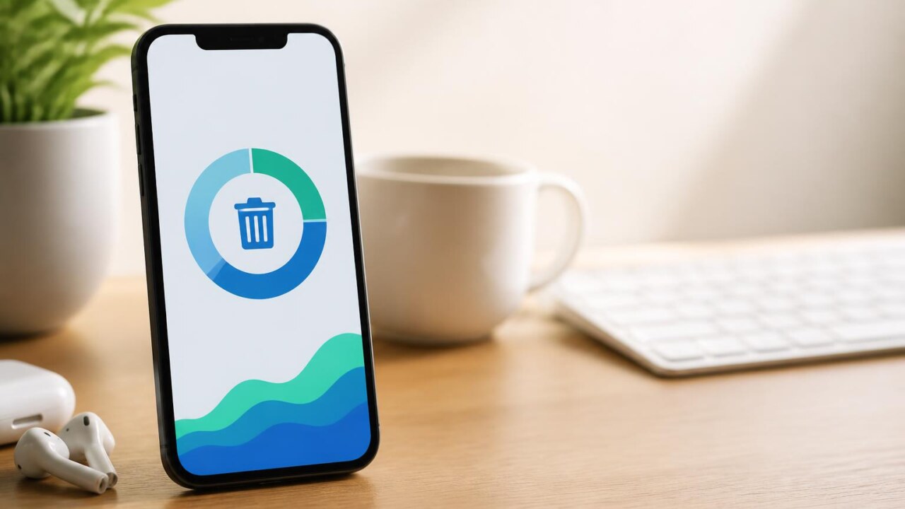 Smartphone exibindo gráfico de armazenamento liberado com ícones de limpeza e nuvem ao redor