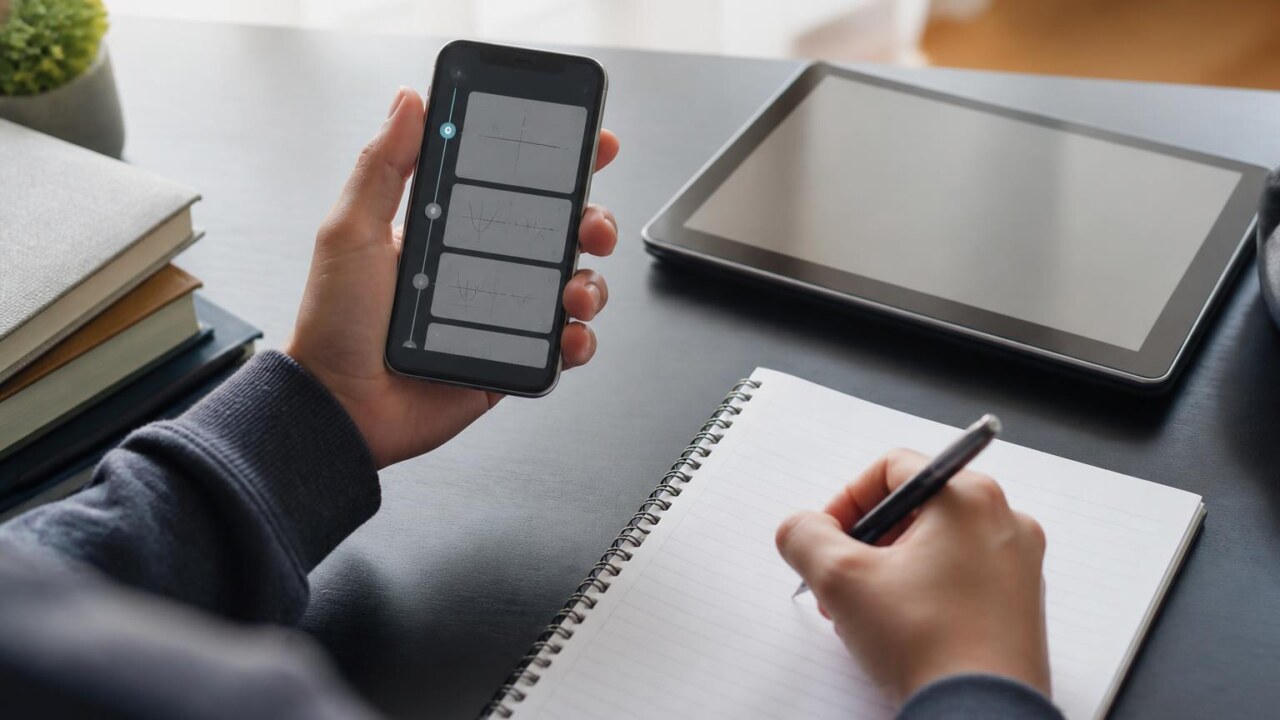 Pessoa estudando com smartphone e tablet exibindo soluções de exercícios em um ambiente de estudo moderno.