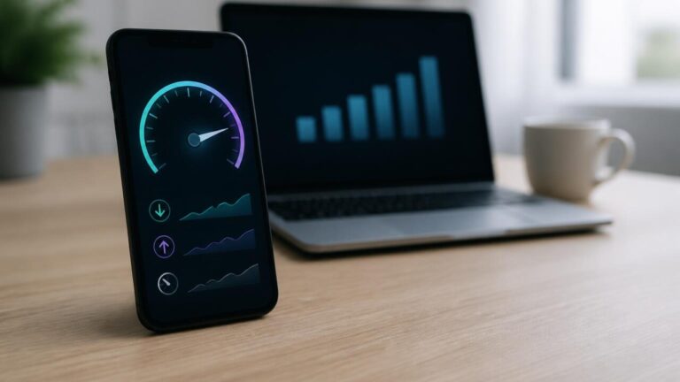 Pessoa usando smartphone para testar a velocidade da internet com gráficos de desempenho na tela