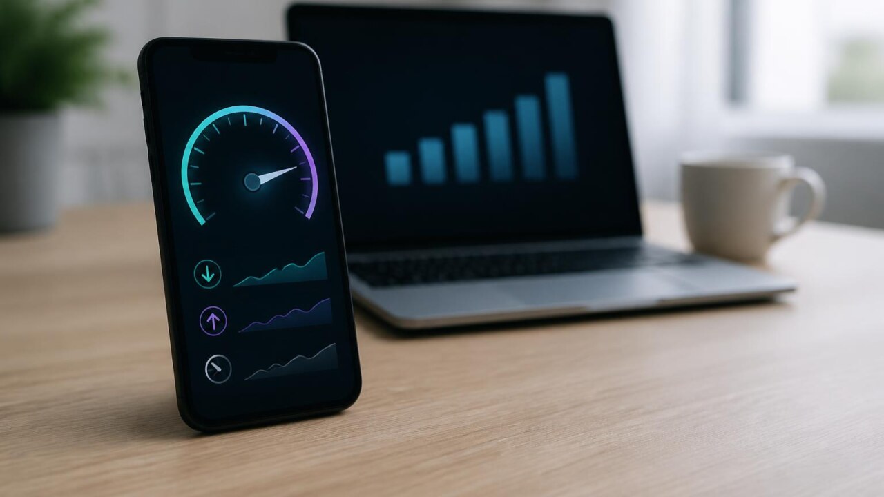 Pessoa usando smartphone para testar a velocidade da internet com gráficos de desempenho na tela
