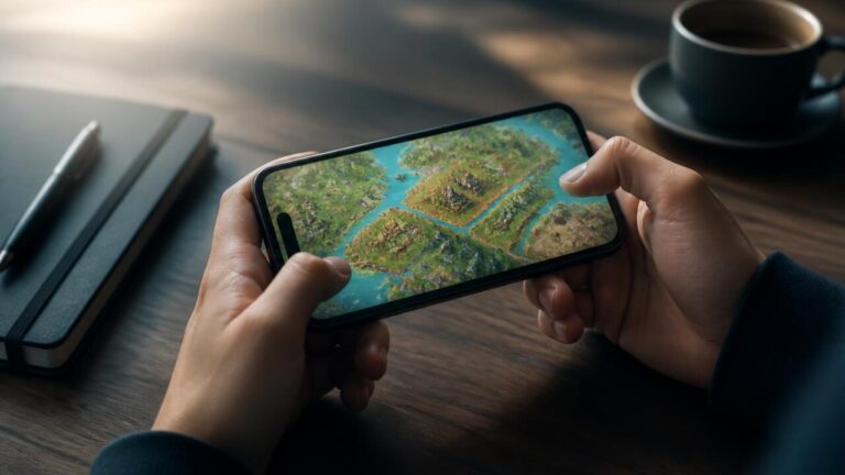 Mãos segurando um smartphone exibindo um mapa de jogo de estratégia, mesa ao fundo com anotações e iluminação suave.