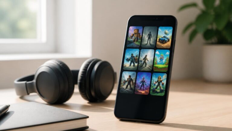 Smartphone sobre mesa com ícones de jogos e símbolo de modo offline em destaque