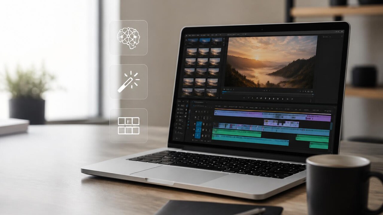 Tela de edição de vídeo moderna com elementos visuais de IA e ícones do CapCut Pro em fundo clean