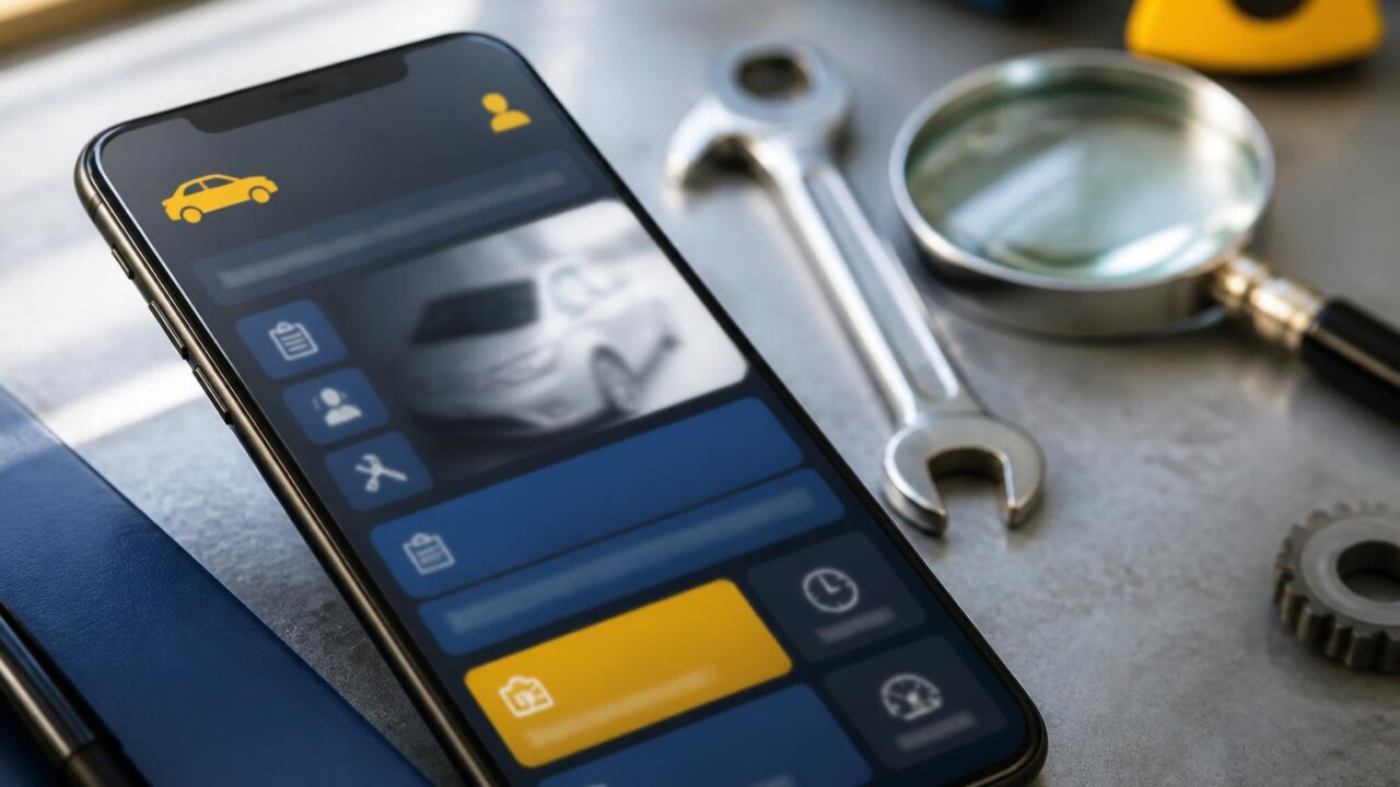 Celular com aplicativo automotivo em uma mesa, destacando atualização de software em primeiro plano