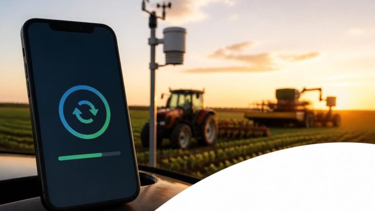 Smartphone exibindo uma tela de atualização de aplicativo com elementos gráficos do campo e agricultura moderna ao fundo.