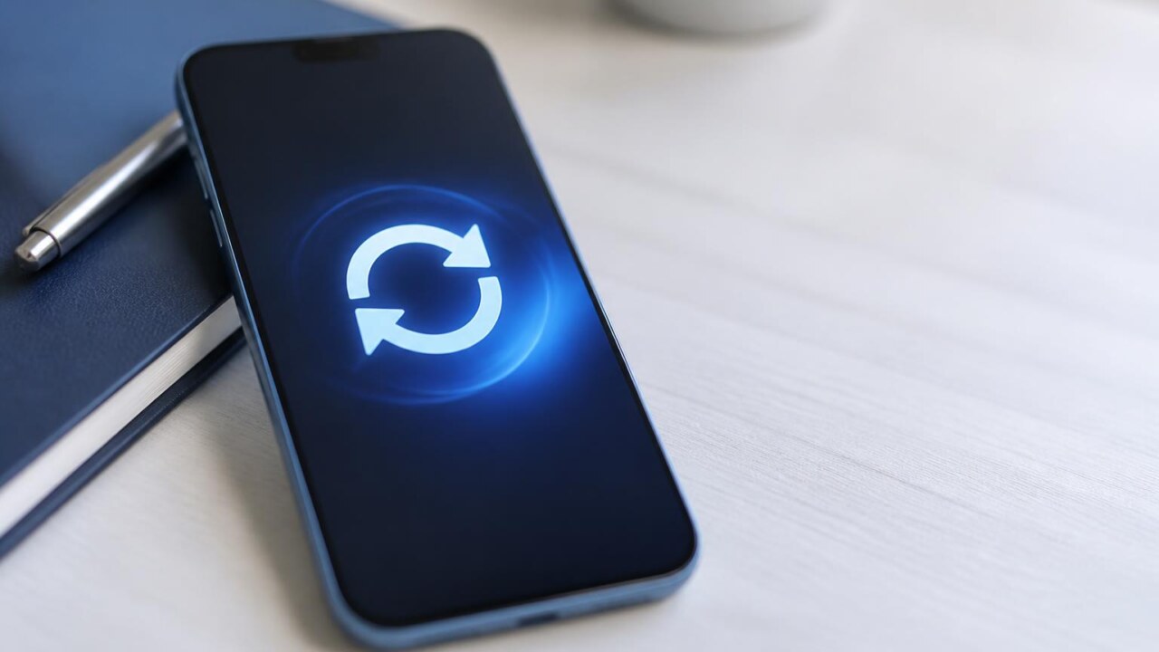 Tela de um smartphone exibindo ícones de atualização com elementos gráficos modernos, representando atualização de aplicativo.